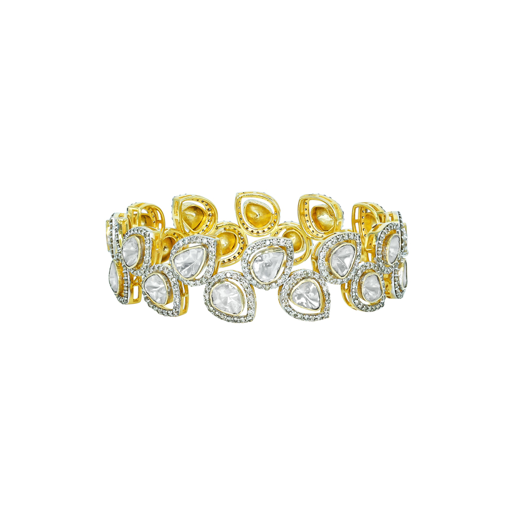 Teardrop Polki Diamond Bangle with Leafy Charm